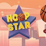 Basketboll som flyger mot en korg framför en stadssilhuett, med texten Hoop Star på en lila stjärna
