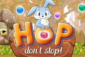 En blå kanin sitter ovanpå texten HOP dont stop!