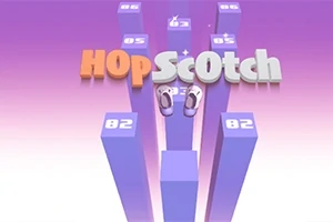 Texten HopScotch svävar över blå pelare med siffror och två par digitala fötter, mot en lila och vit bakgrund