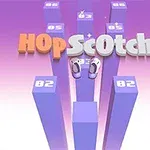 Texten HopScotch svävar över blå pelare med siffror och två par digitala fötter, mot en lila och vit bakgrund