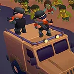 Två beväpnade figurer står på taket av en jeep och omges av tecknade zombie-liknande varelser