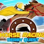 Jockey i gul tröja rider en brun häst med en hästsko och texten Horse Racing Derby Quest i förgrunden