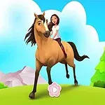 En animerad flicka rider på en brun häst över en grönt fält med berg och träd i bakgrunden under en blå himmel med moln