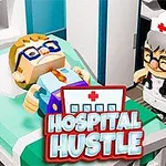 En tecknad scen med en patient som ligger i en sjukhussäng och en sjuksköterska vid deras sida, med texten Hospital Hustle längst ner