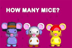 Tre tecknade möss med olika hattar på en rosa bakgrund med texten HOW MANY MICE?