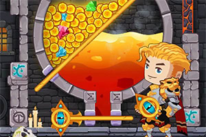 En tecknad figur med blont hår står framför en stor cauldron fylld med guldmynt och ädelstenar, omgiven av stenmurar och tända ljus