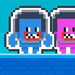 Två pixelerade figurer i blått och rosa med stora huvuden och hjälmar står bredvid varandra på en blå plattform