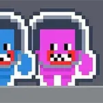 Två pixelerade figurer i blått och rosa med hjälmar och stora leenden på ett grått bakgrund