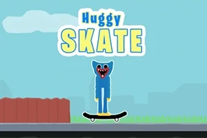 Tecknad blå figur med leende ansikte åker skateboard under texten Huggy Skate mot en bakgrund med himmel och omgivningar