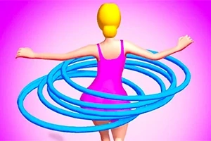 En tecknad figur i rosa klänning med flera blå rockringar runt midjan mot en rosa bakgrund