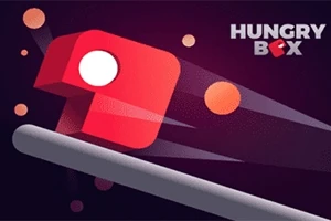 Ett stiliserat rött block med ett vitt öga och rörelseeffekter på en mörk bakgrund med texten Hungry Box