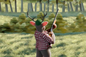 En antropomorf hjort med flanellskjorta och gevär står på en äng med skog i bakgrunden