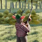 En antropomorf hjort med flanellskjorta och gevär står på en äng med skog i bakgrunden