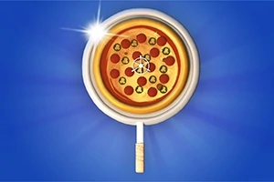 En illustrerad pizza med olika toppings, presenterad på en tratt på en blå bakgrund