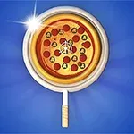 En illustrerad pizza med olika toppings, presenterad på en tratt på en blå bakgrund