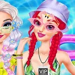 Två tecknade figurer står vid en pool med somriga kläder, färgglada glasögon och accessoarer, inklusive en flamingo och VIP-bricka