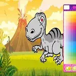 En tecknad dinosaurie med ett grått och svart mönster står framför ett färgpalettverktyg i en färgglad stenig och vulkanisk bakgrund