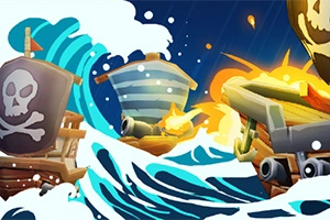 Piratfartyg i sjöstrid med stora vågor och kanoner som avfyras