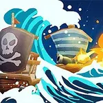 Piratfartyg i sjöstrid med stora vågor och kanoner som avfyras