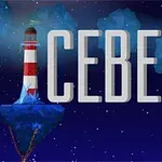 En rödvit fyr står på en svävande klippa med ordet ICEBERG i förgrunden mot en stjärnbeströdd himmel