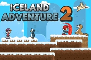 Tecknad bild av ett snötäckt landskap med två figurer, en pingvin, en säl och en fågel under texten Iceland Adventure 2