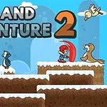 Tecknad bild av ett snötäckt landskap med två figurer, en pingvin, en säl och en fågel under texten Iceland Adventure 2