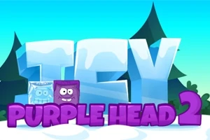 Stor text i isstil med orden ICEY och lila bokstäver PURPLE HEAD 2, med en isblå och en lila fyrkant ansikten framför, allt mot en bakgrund av vinterträd