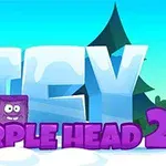 Stor text i isstil med orden ICEY och lila bokstäver PURPLE HEAD 2, med en isblå och en lila fyrkant ansikten framför, allt mot en bakgrund av vinterträd