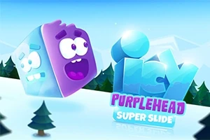 En färgglad kubformad karaktär med ansiktsuttryck svävar över ett snötäckt landskap med texten Icy Purplehead Super Slide i förgrunden
