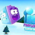 En färgglad kubformad karaktär med ansiktsuttryck svävar över ett snötäckt landskap med texten Icy Purplehead Super Slide i förgrunden