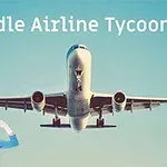 Ett flygplan flyger mot kameran med en leende flygvärdinna i blå uniform i förgrunden och texten Idle Airline Tycoon ovanför