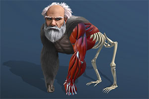 En humanoid varelse med en äldre mans ansikte, gorillans kropp, och muskler och skelett synliga på ena armen och benen, mot en blå bakgrund