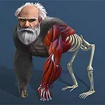 En humanoid varelse med en äldre mans ansikte, gorillans kropp, och muskler och skelett synliga på ena armen och benen, mot en blå bakgrund