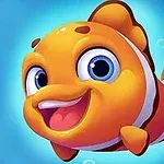 En tecknad orange och vit clownfisk med stora ögon och ett glatt ansikte mot en blå bakgrund