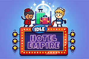 Två tecknade figurer i uniform står bredvid resväskor ovanför en ljusskylt med texten Idle Hotel Empire på en blå bakgrund