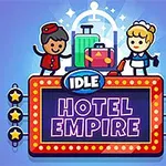 Två tecknade figurer i uniform står bredvid resväskor ovanför en ljusskylt med texten Idle Hotel Empire på en blå bakgrund