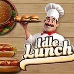 Kock i vitt med kockmössa håller en bricka med hamburgare, omgiven av bilder på snabbmat som hamburgare, pommes frites, sallad och varmkorv, med texten Idle Lunch i förgrunden