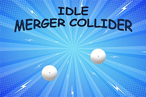 Blå bakgrund med två vita cirklar och texten Idle Merger Collider i svart