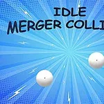 Blå bakgrund med två vita cirklar och texten Idle Merger Collider i svart