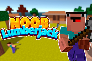 Tecknad figur med yxa i blockstil framför hus och träd, med text Noob Lumberjack