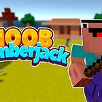 Tecknad figur med yxa i blockstil framför hus och träd, med text Noob Lumberjack