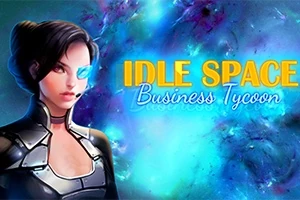 En kvinna med futuristisk rustning och en blått lysande ögonlapp står framför en färgglad, abstrakt rymdbakgrund med texten Idle Space Business Tycoon