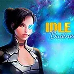 En kvinna med futuristisk rustning och en blått lysande ögonlapp står framför en färgglad, abstrakt rymdbakgrund med texten Idle Space Business Tycoon