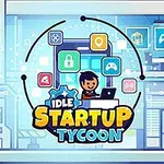 Tecknad karaktär vid dator omgiven av ikoner och texten Idle Startup Tycoon i ett färgglatt kontorsmiljö