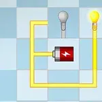 Ett elektriskt kretsdiagram med en glödlampa, en lysande lampa, och ett batteri anslutna med gula ledningar på en rutmönstrad bakgrund