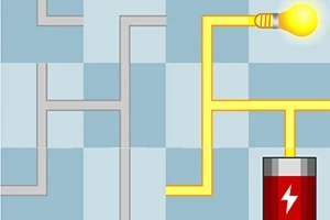 En bild med två delar visar ett elektriskt kretsproblem där den vänstra sidan är ett grått rutnät med tomma ledningar och den högra sidan visar en glödlampa som tänds av ett batteri genom gula ledningar