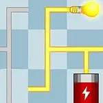 En bild med två delar visar ett elektriskt kretsproblem där den vänstra sidan är ett grått rutnät med tomma ledningar och den högra sidan visar en glödlampa som tänds av ett batteri genom gula ledningar