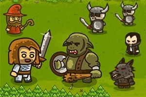 Tecknade karaktärer i en fantasy-miljö med en riddare, trollkarl, ork, varulv och vikingar på en grön äng