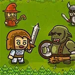 Tecknade karaktärer i en fantasy-miljö med en riddare, trollkarl, ork, varulv och vikingar på en grön äng