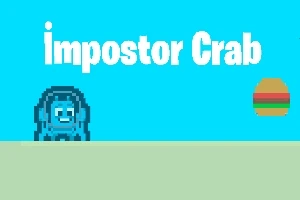 Blå krabba med hjälm på en grön mark med texten impostor Crab mot en klarblå bakgrund och en färgglad hamburgare
